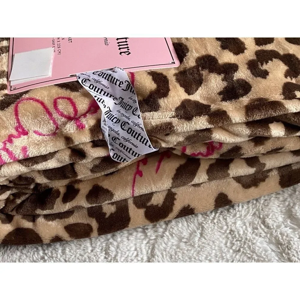 Juicy Couture Leopard And Logo Super Soft Blanket Queen Size 90”‎ X 90” NEW